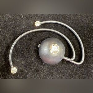 Mid Century Modern Abstract Black Metal Brooch with Rhinestones